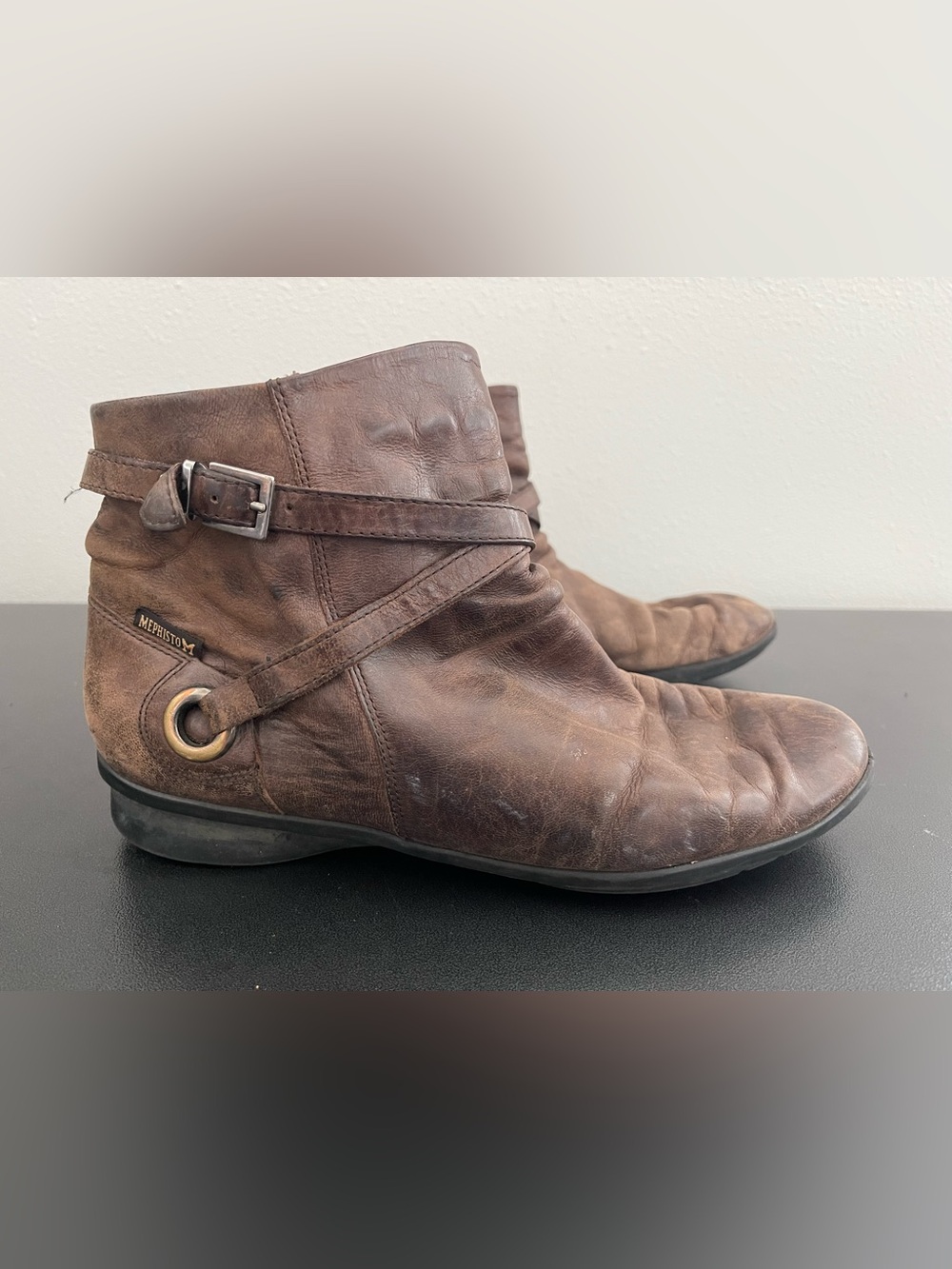 Women’s Mephisto Brown Leather Ankle Boots with Wrap Strap and Buckle